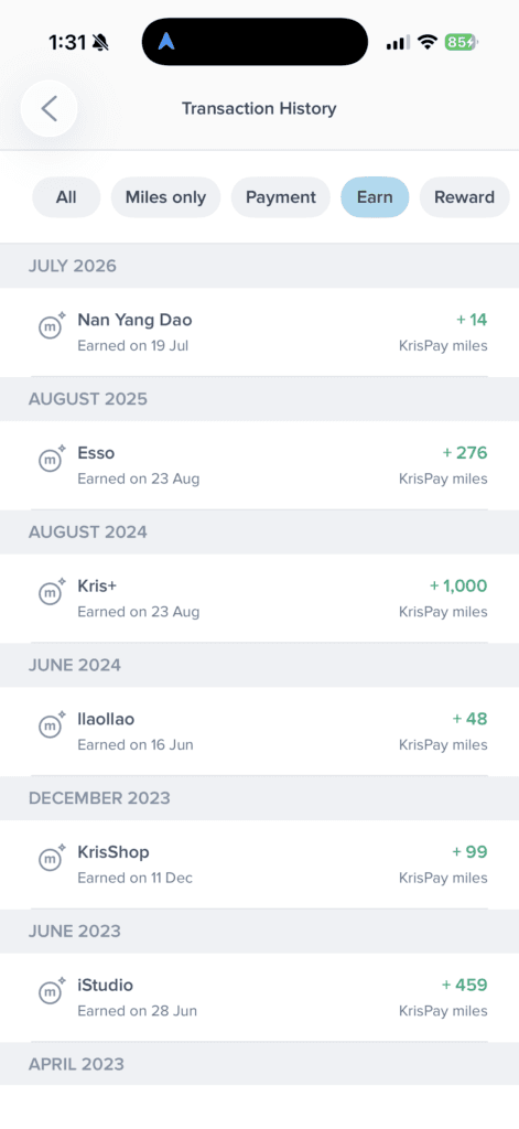Kris+ app interface showing miles in various Kris+ partners such as Nan Yang Dao, Esso, iStudio