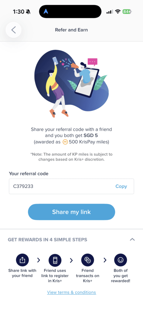 Kris+ app interface showing my referral code and referral steps
