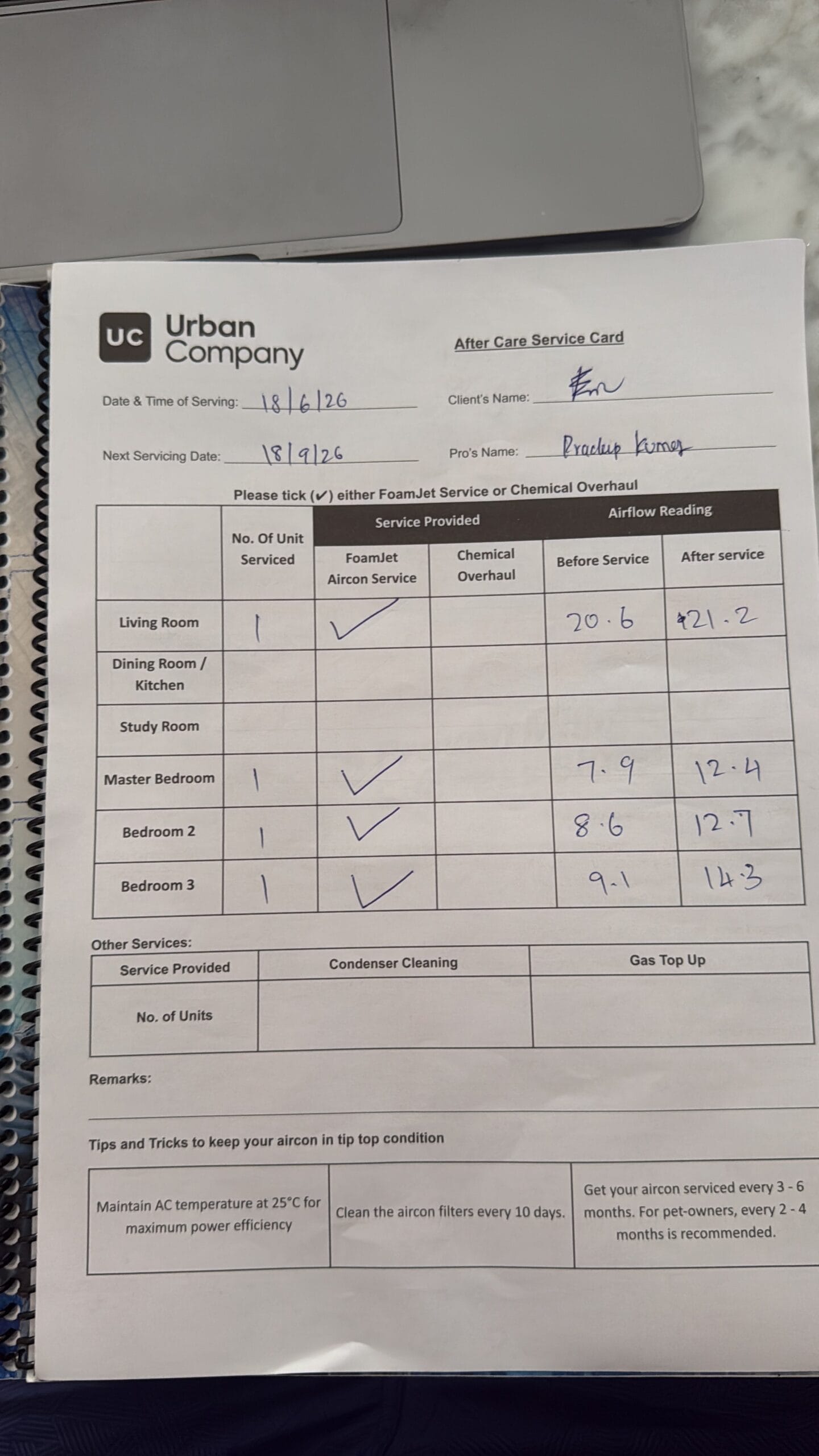 Urban Company After Care Service Card